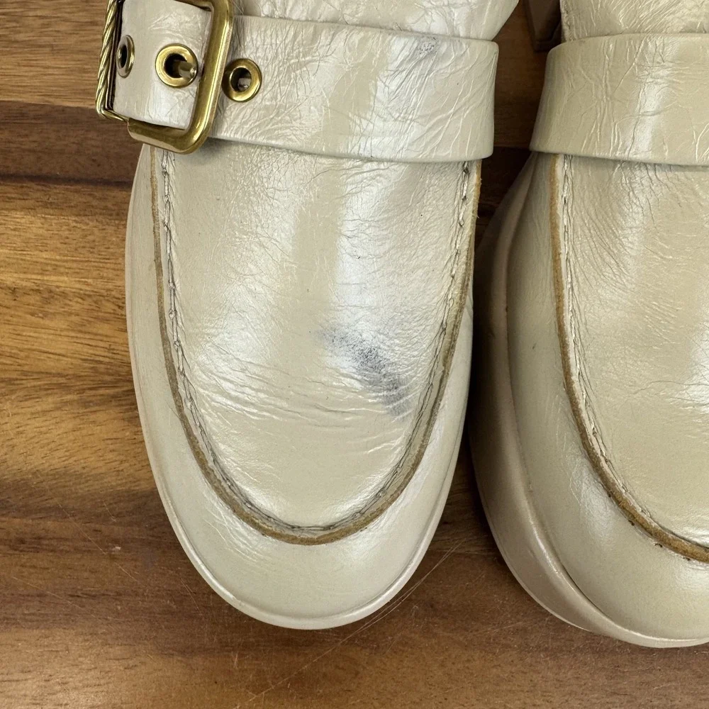 New Womens Dolce Vita Yonder Beige Leather‎ Platform Heeled Loafers Size 9.5 M